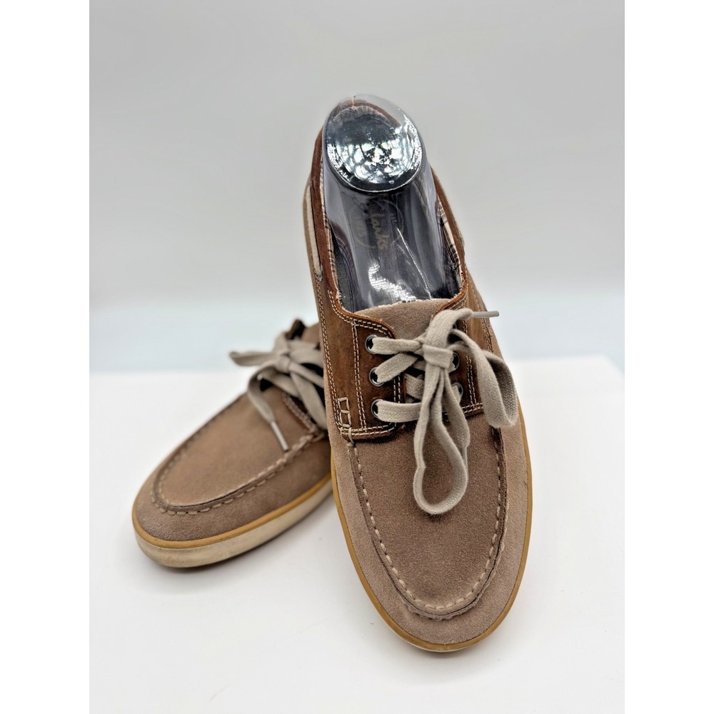 Clarks JAX 63759 Boat Shoes Mens 10M Taupe Suede Brown Leather Lace Up Moc Toe